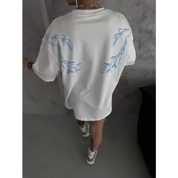 MARSiLYAN- Unisex Bisiklet Yaka Baskılı Oversize T-Shirt - Beyaz