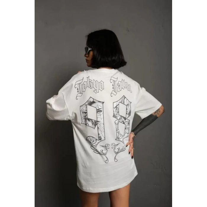 MARSiLYAN- Unisex Bisiklet Yaka Baskılı Oversize T-Shirt - Beyaz