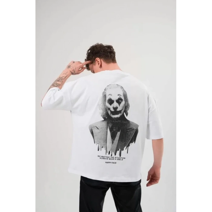 MARSiLYAN- Unisex Bisiklet Yaka Baskılı Oversize T-Shirt - Beyaz