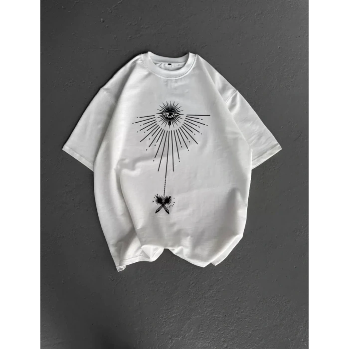 MARSiLYAN- Unisex Bisiklet Yaka Baskılı Oversize T-Shirt - Beyaz