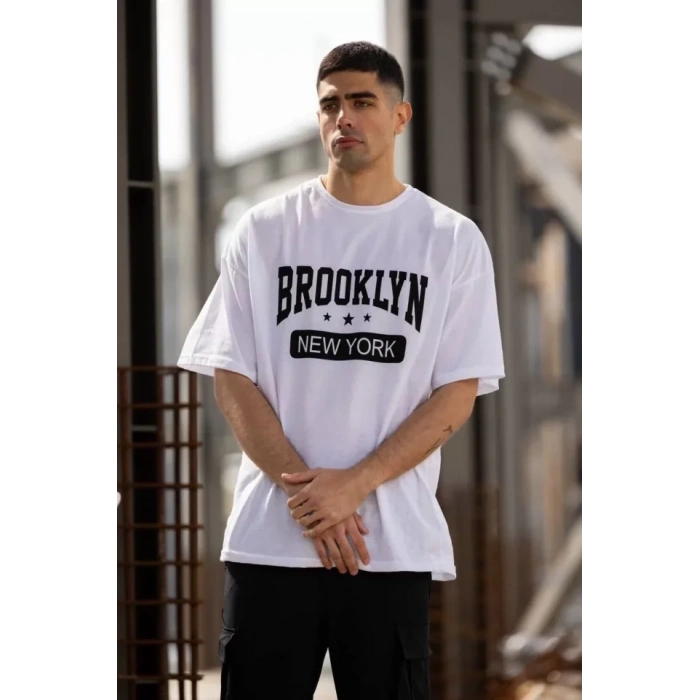 MARSiLYAN- Unisex Bisiklet Yaka Baskılı Oversize T-Shirt - Beyaz