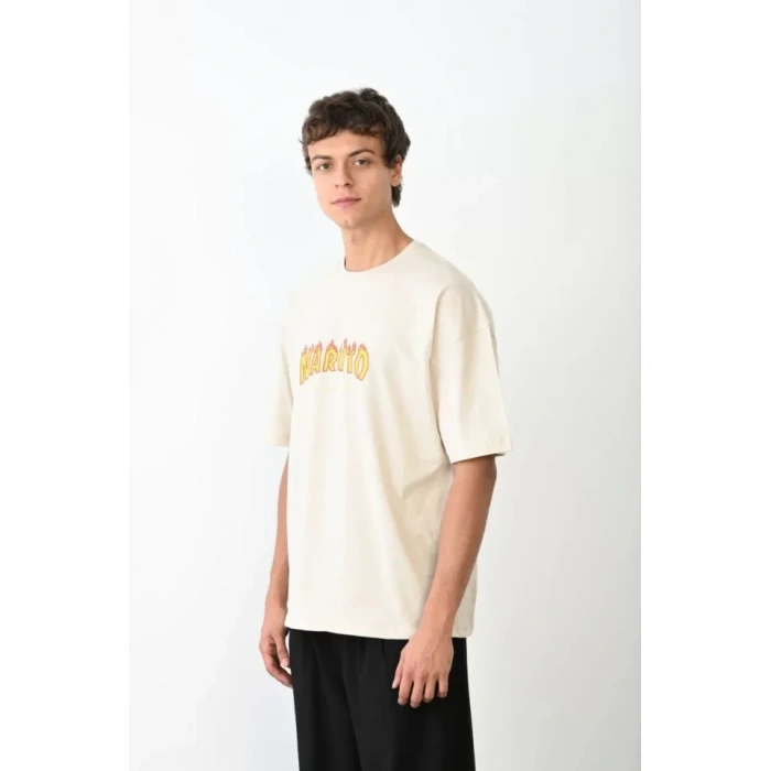 MARSiLYAN- Unisex Bisiklet Yaka Baskılı Oversize T-Shirt - Beyaz