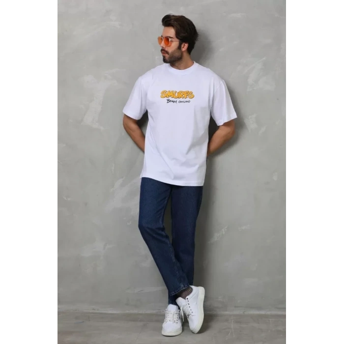 MARSiLYAN- Unisex Bisiklet Yaka Baskılı Oversize T-Shirt - Beyaz
