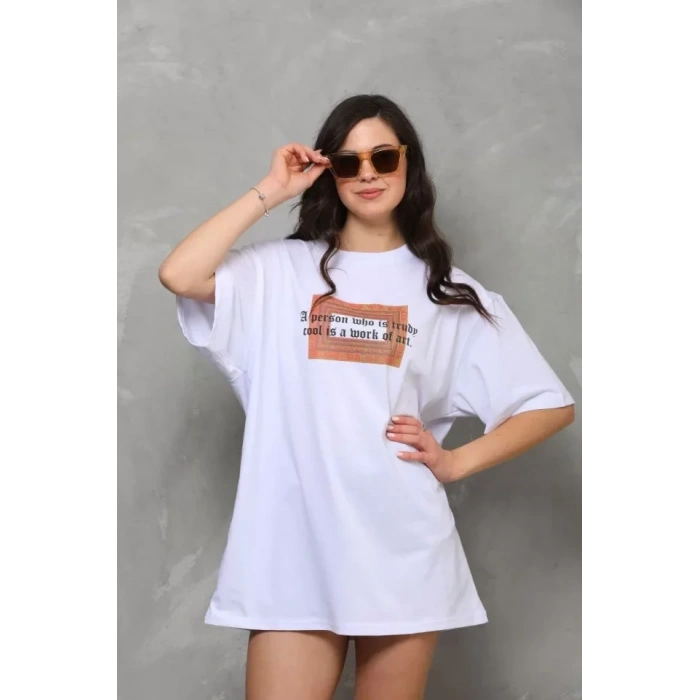 MARSiLYAN- Unisex Bisiklet Yaka Baskılı Oversize T-Shirt - Beyaz
