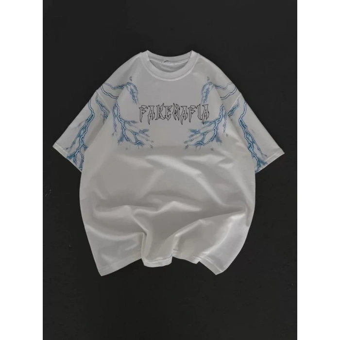 MARSiLYAN- Unisex Bisiklet Yaka Baskılı Oversize T-Shirt - Beyaz