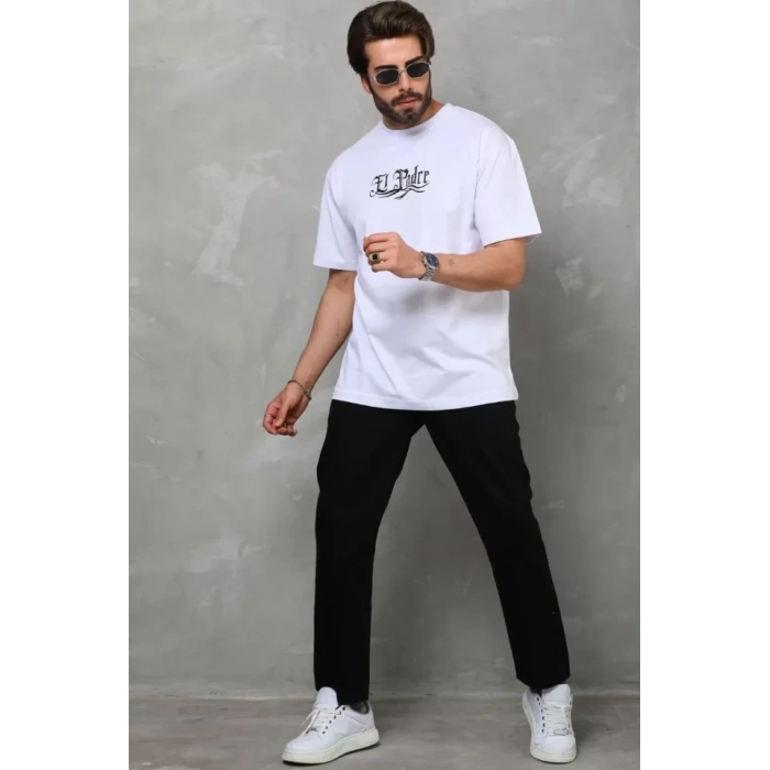 MARSiLYAN- Unisex Bisiklet Yaka Baskılı Oversize T-Shirt - Beyaz