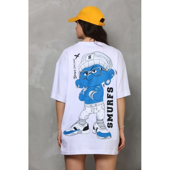 MARSiLYAN- Unisex Bisiklet Yaka Baskılı Oversize T-Shirt - Beyaz