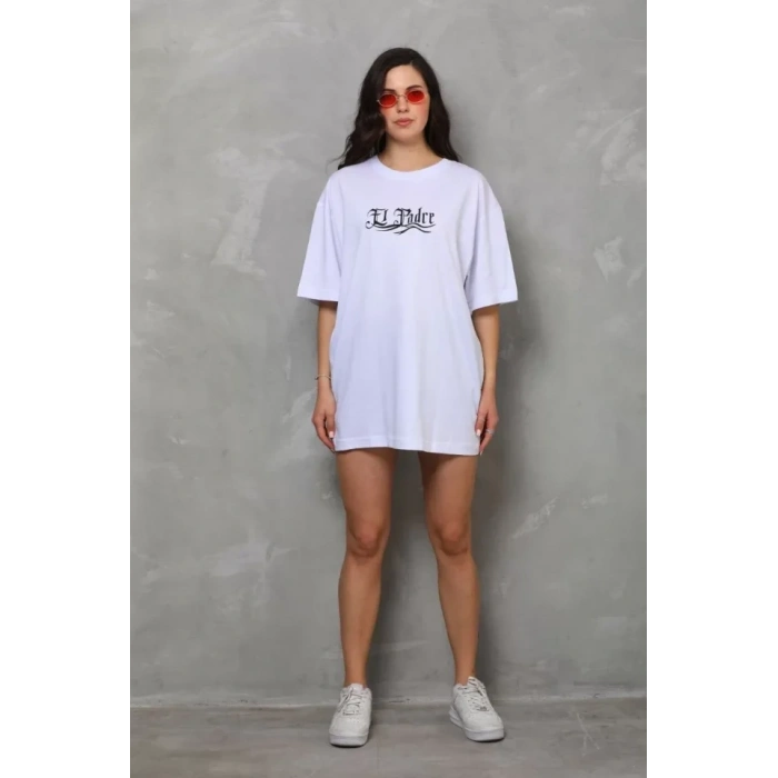 MARSiLYAN- Unisex Bisiklet Yaka Baskılı Oversize T-Shirt - Beyaz