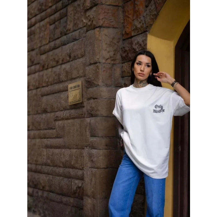 MARSiLYAN- Unisex Bisiklet Yaka Baskılı Oversize T-Shirt - Beyaz