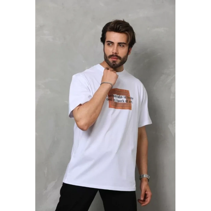 MARSiLYAN- Unisex Bisiklet Yaka Baskılı Oversize T-Shirt - Beyaz