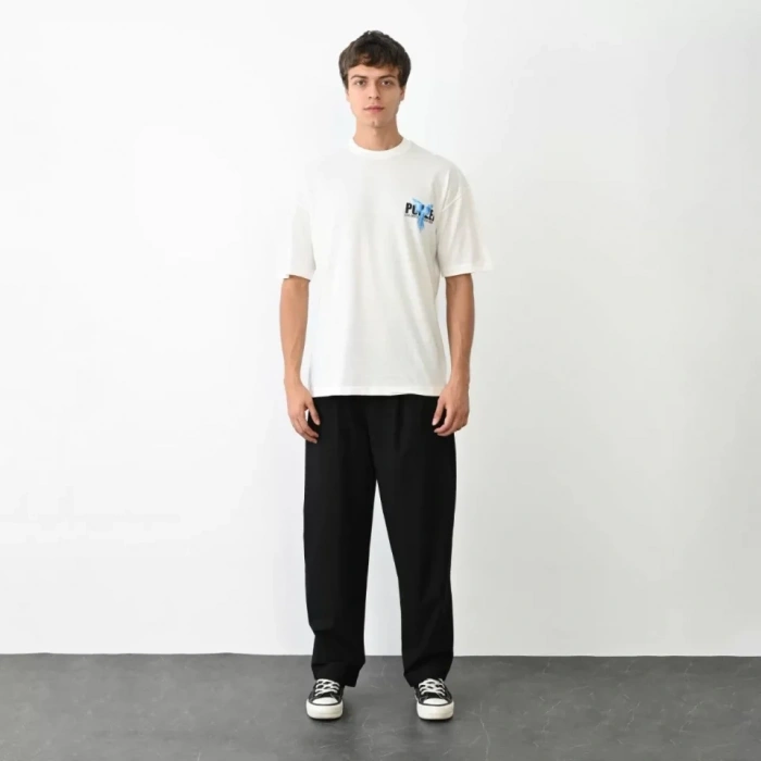 MARSiLYAN- Unisex Bisiklet Yaka Baskılı Oversize T-Shirt - Beyaz