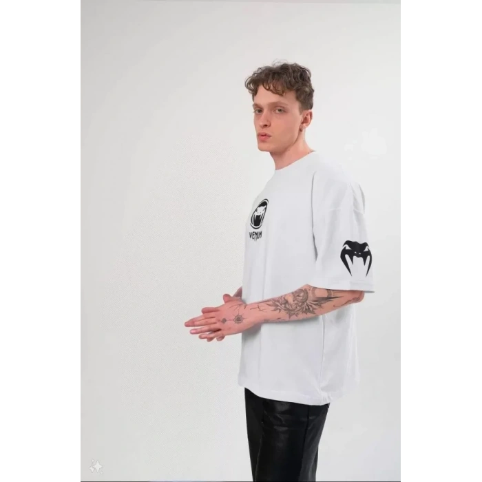 MARSiLYAN- Unisex Bisiklet Yaka Baskılı Oversize T-Shirt - Beyaz