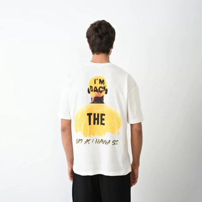 MARSiLYAN- Unisex Bisiklet Yaka Baskılı Oversize T-Shirt - Beyaz