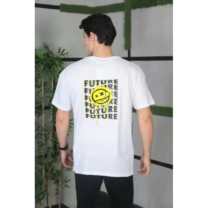 MARSiLYAN- Unisex Bisiklet Yaka Baskılı Oversize T-Shirt - Beyaz