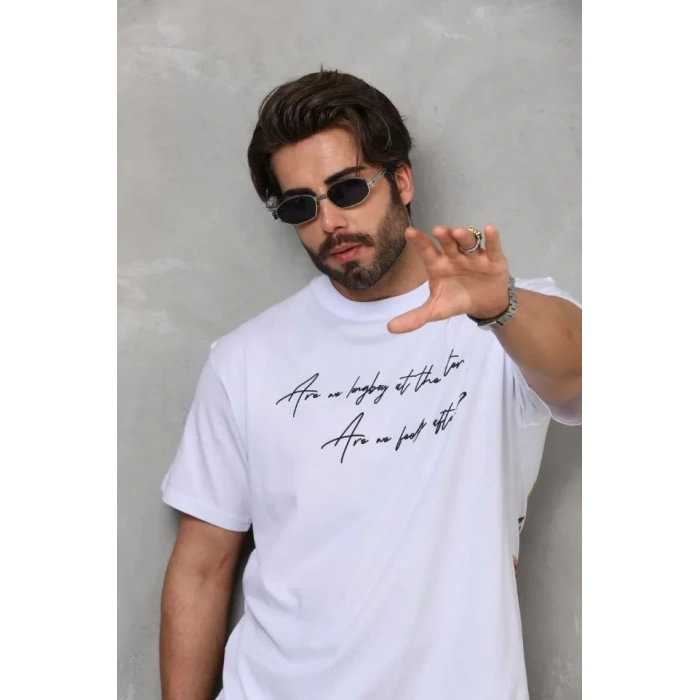 MARSiLYAN- Unisex Bisiklet Yaka Baskılı Oversize T-Shirt - Beyaz