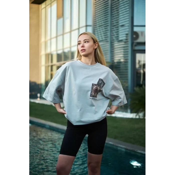 MARSiLYAN- Unisex Bisiklet Yaka Baskılı Oversize T-Shirt - Boyalı Gri