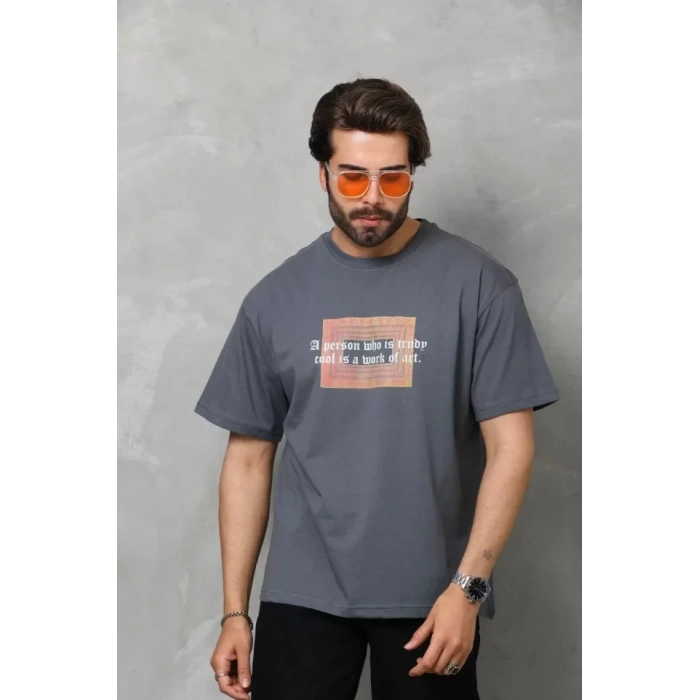 MARSiLYAN- Unisex Bisiklet Yaka Baskılı Oversize T-Shirt - Füme