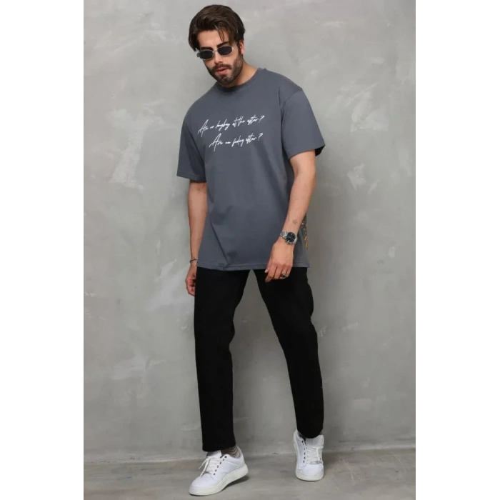MARSiLYAN- Unisex Bisiklet Yaka Baskılı Oversize T-Shirt - Füme