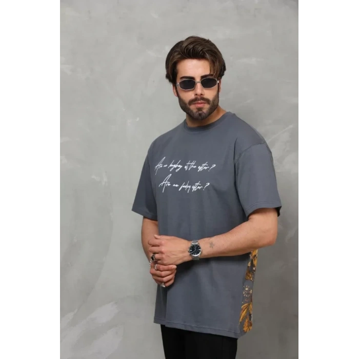 MARSiLYAN- Unisex Bisiklet Yaka Baskılı Oversize T-Shirt - Füme