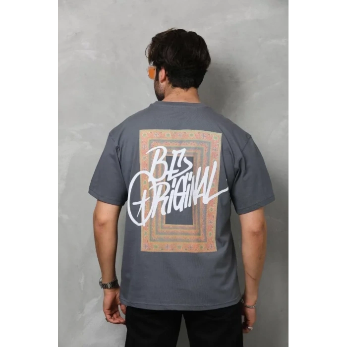 MARSiLYAN- Unisex Bisiklet Yaka Baskılı Oversize T-Shirt - Füme