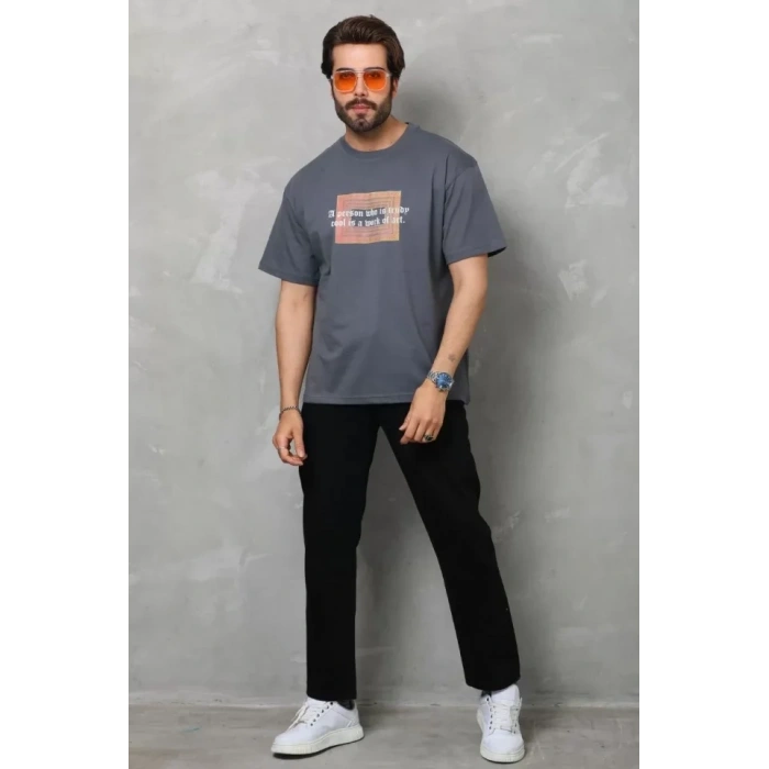 MARSiLYAN- Unisex Bisiklet Yaka Baskılı Oversize T-Shirt - Füme