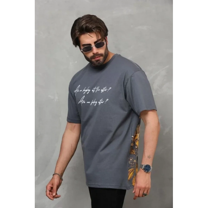 MARSiLYAN- Unisex Bisiklet Yaka Baskılı Oversize T-Shirt - Füme