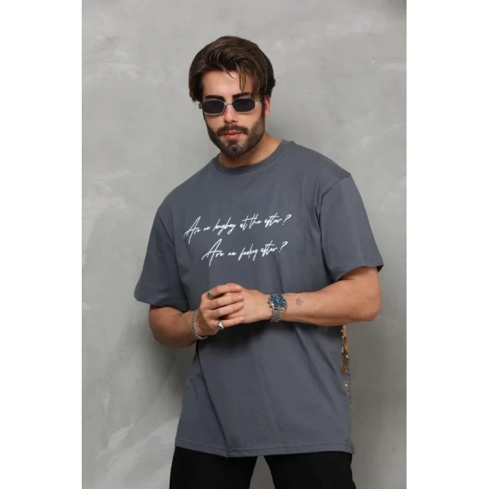 MARSiLYAN- Unisex Bisiklet Yaka Baskılı Oversize T-Shirt - Füme