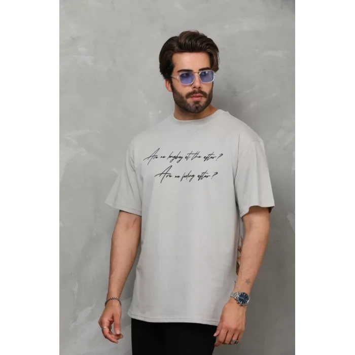 MARSiLYAN- Unisex Bisiklet Yaka Baskılı Oversize T-Shirt - Gri