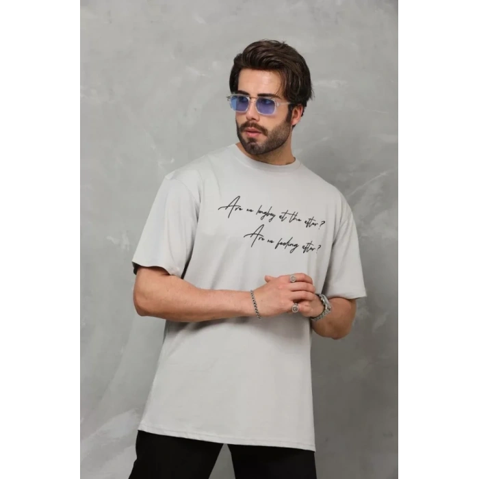 MARSiLYAN- Unisex Bisiklet Yaka Baskılı Oversize T-Shirt - Gri