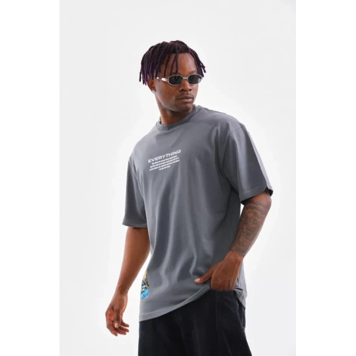 MARSiLYAN- Unisex Bisiklet Yaka Baskılı Oversize T-Shirt - Gri