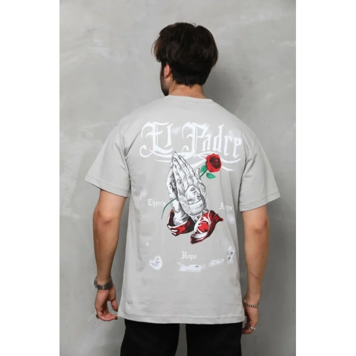 MARSiLYAN- Unisex Bisiklet Yaka Baskılı Oversize T-Shirt - Gri