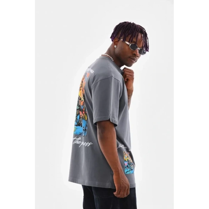 MARSiLYAN- Unisex Bisiklet Yaka Baskılı Oversize T-Shirt - Gri