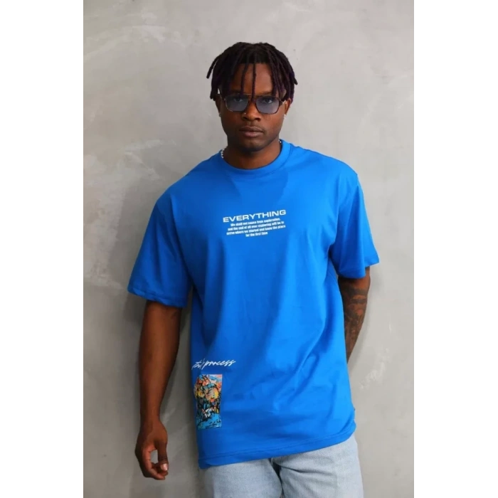 MARSiLYAN- Unisex Bisiklet Yaka Baskılı Oversize T-Shirt - Mavi