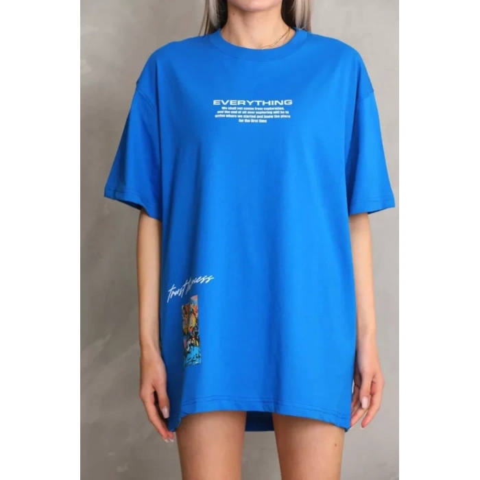 MARSiLYAN- Unisex Bisiklet Yaka Baskılı Oversize T-Shirt - Mavi