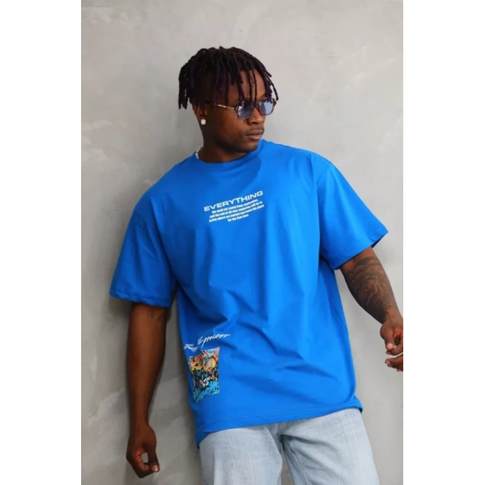 MARSiLYAN- Unisex Bisiklet Yaka Baskılı Oversize T-Shirt - Mavi