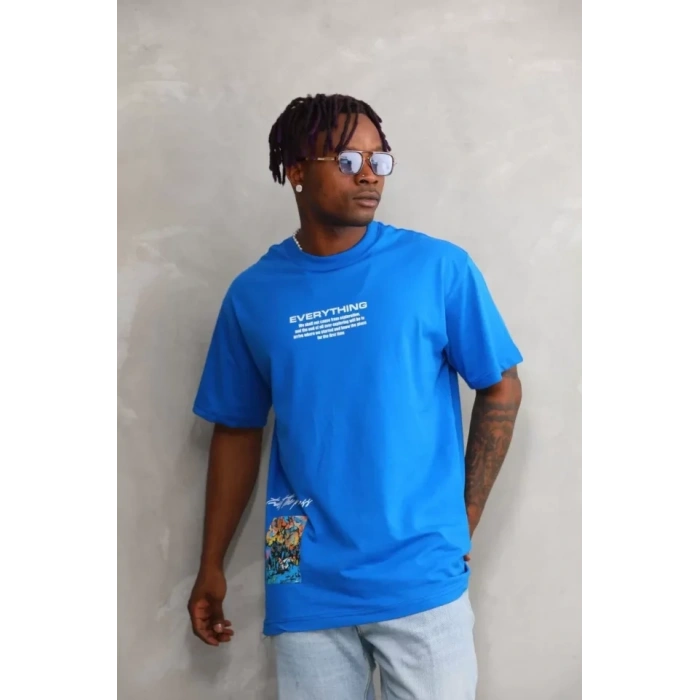 MARSiLYAN- Unisex Bisiklet Yaka Baskılı Oversize T-Shirt - Mavi