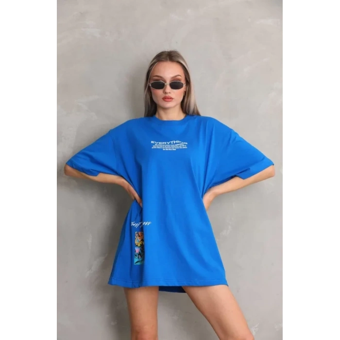 MARSiLYAN- Unisex Bisiklet Yaka Baskılı Oversize T-Shirt - Mavi