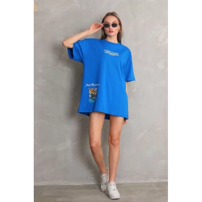 MARSiLYAN- Unisex Bisiklet Yaka Baskılı Oversize T-Shirt - Mavi