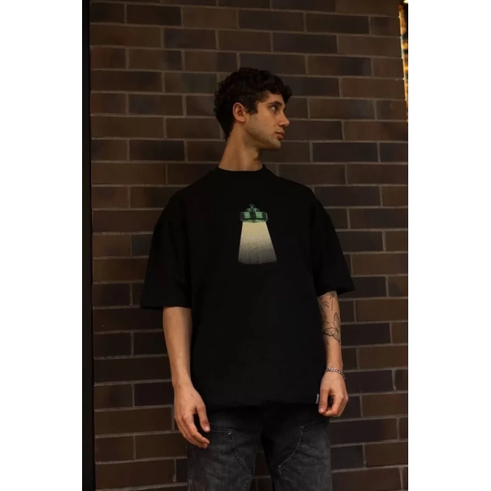 MARSiLYAN- Unisex Bisiklet Yaka Baskılı Oversize T-Shirt - Siyah