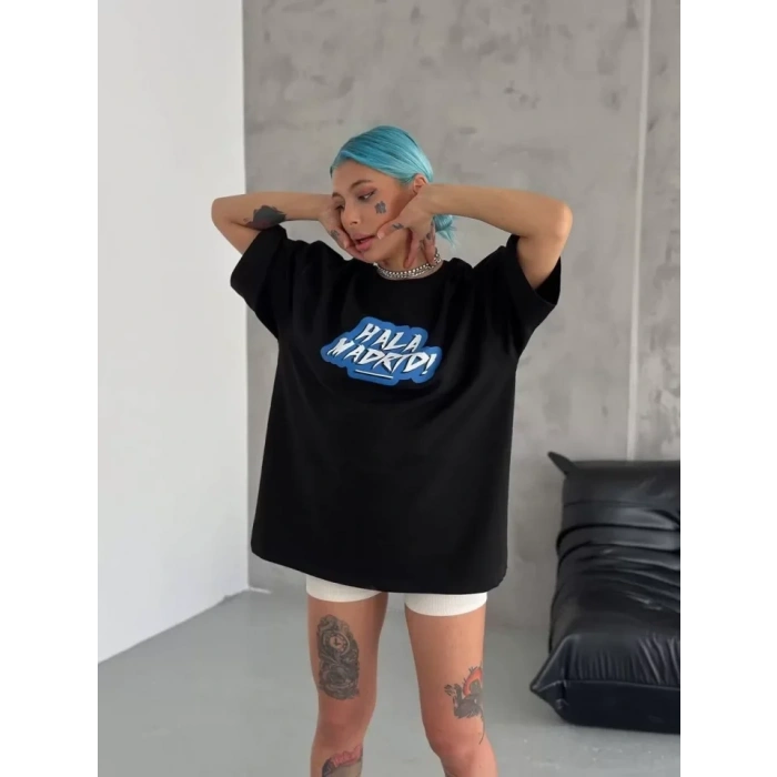 MARSiLYAN- Unisex Bisiklet Yaka Baskılı Oversize T-Shirt - Siyah