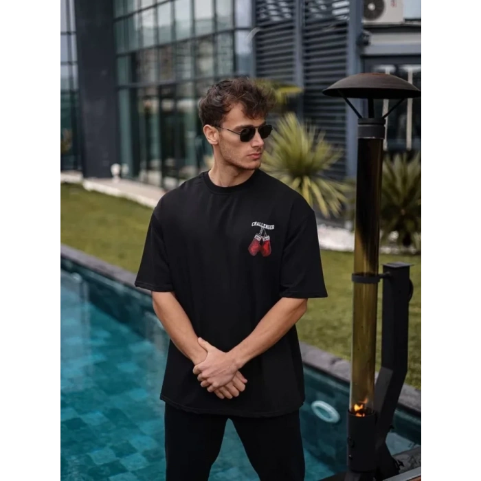 MARSiLYAN- Unisex Bisiklet Yaka Baskılı Oversize T-Shirt - Siyah