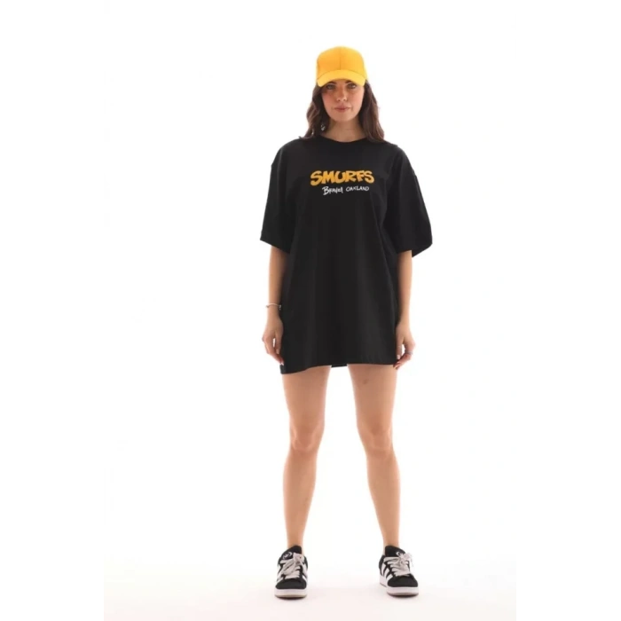 MARSiLYAN- Unisex Bisiklet Yaka Baskılı Oversize T-Shirt - Siyah