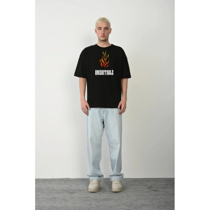 MARSiLYAN- Unisex Bisiklet Yaka Baskılı Oversize T-Shirt - Siyah