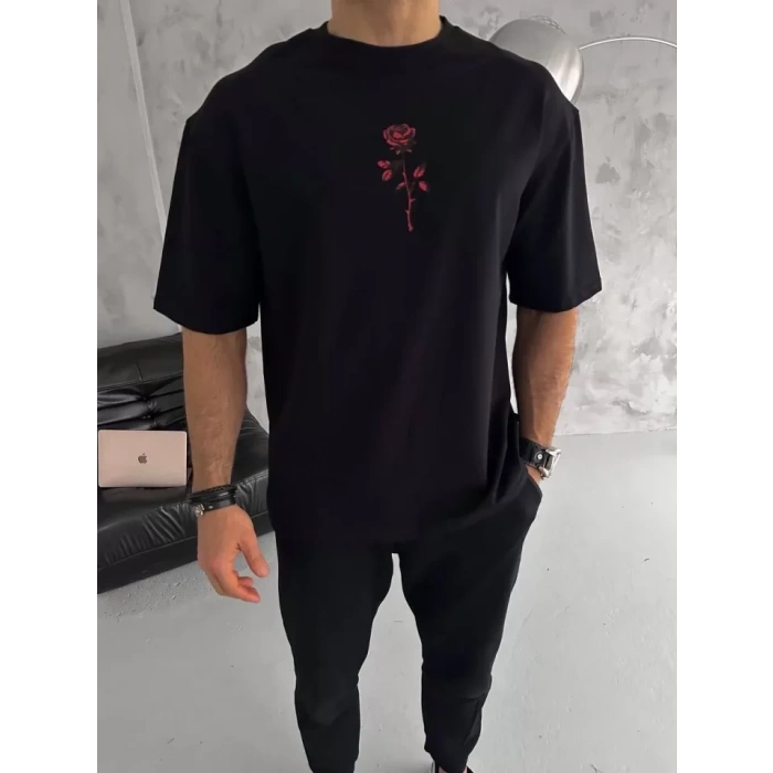 MARSiLYAN- Unisex Bisiklet Yaka Baskılı Oversize T-Shirt - Siyah