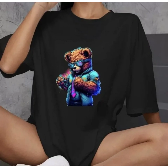 MARSiLYAN- Unisex Bisiklet Yaka Baskılı Oversize T-Shirt - Siyah