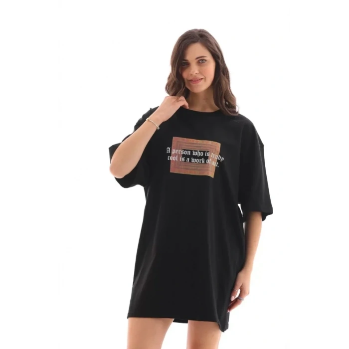 MARSiLYAN- Unisex Bisiklet Yaka Baskılı Oversize T-Shirt - Siyah