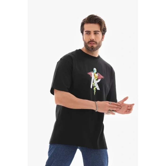MARSiLYAN- Unisex Bisiklet Yaka Baskılı Oversize T-Shirt - Siyah