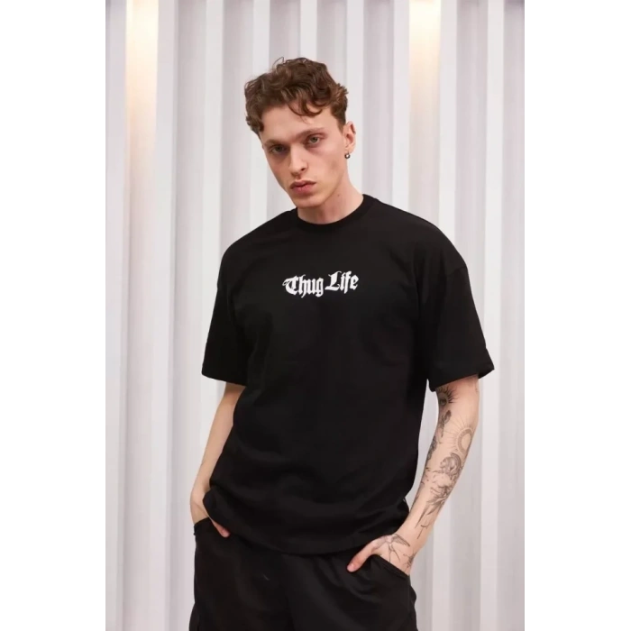 MARSiLYAN- Unisex Bisiklet Yaka Baskılı Oversize T-Shirt - Siyah
