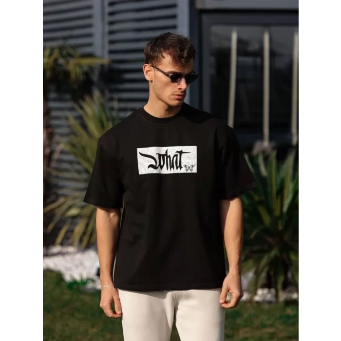 MARSiLYAN- Unisex Bisiklet Yaka Baskılı Oversize T-Shirt - Siyah