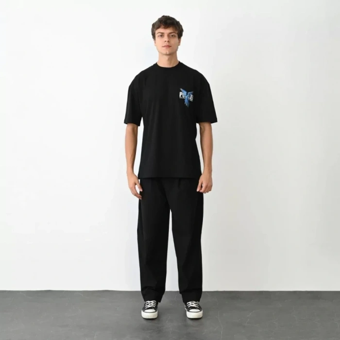 MARSiLYAN- Unisex Bisiklet Yaka Baskılı Oversize T-Shirt - Siyah